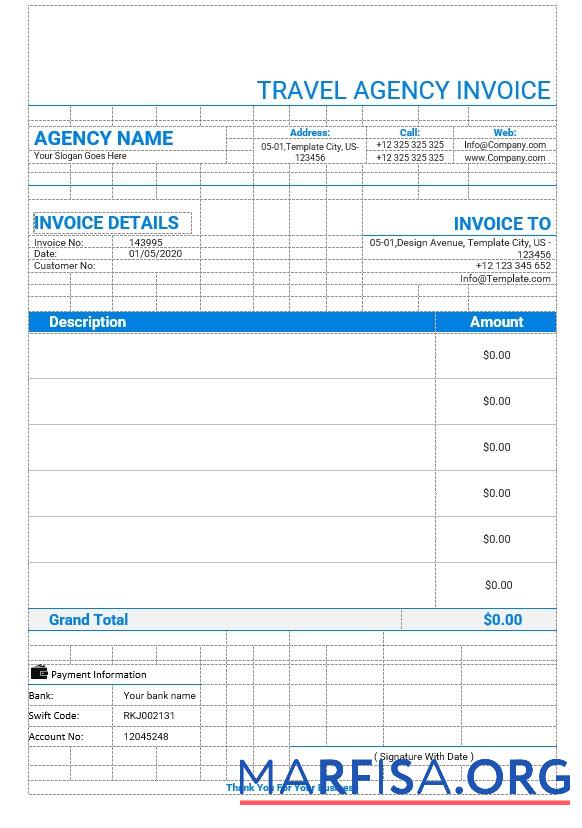 Realistic Editable Travel Agency Invoice Template